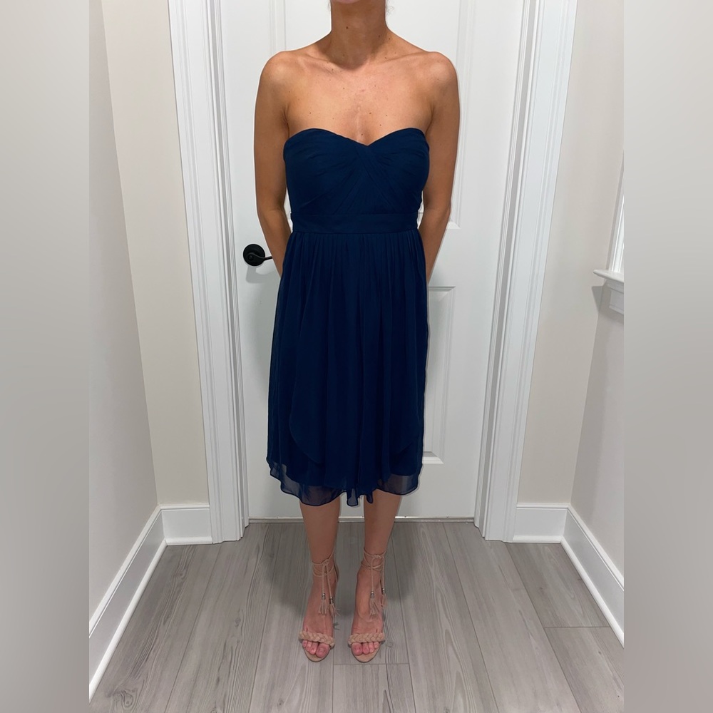 JENNY YOO COLLECTION FRENCH BLUE MID LENGTH STRAPLESS FORMAL DRESS